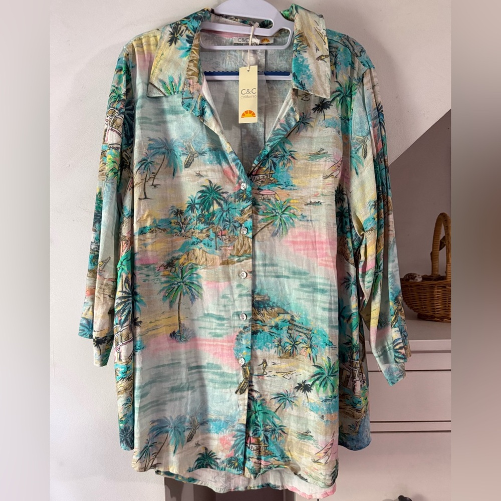C&C California Tropical tunic length linen shirt NWT